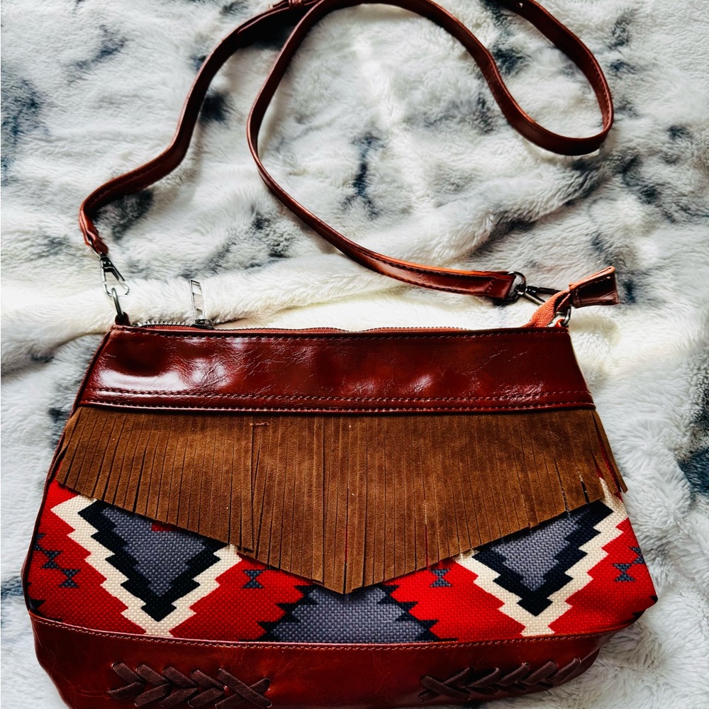 Women’s Fringe Crossbody Bag in Red and Brown